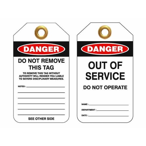 Heavy Duty PVC Tags 80 x 140mm Danger Out Of Service Do Not Operate (Packet of 25)