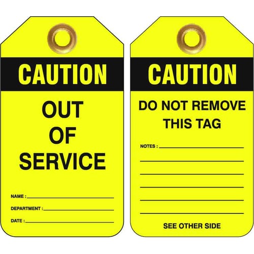 Heavy Duty PVC Tags 80 x 140mm Caution Out of Service (Packet of 25)