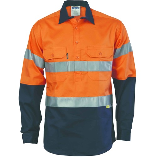 DNC Hi Vis Two Tone Taped Vented Lightweight Closed Front Long Sleeve Cotton Shirt 