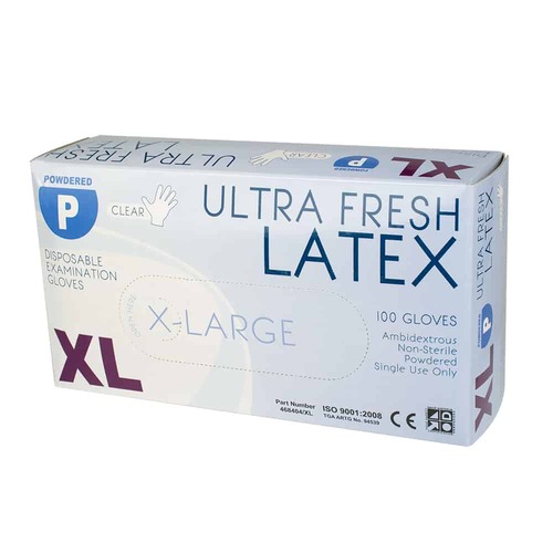 Latex Clear Disposable Powdered Gloves Box of 100 Size XL