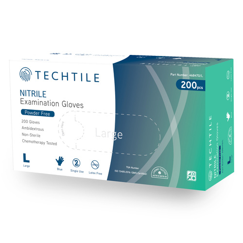 Techtile Nitrile Medical Examination Powder Free Gloves Box of 200 - Blue