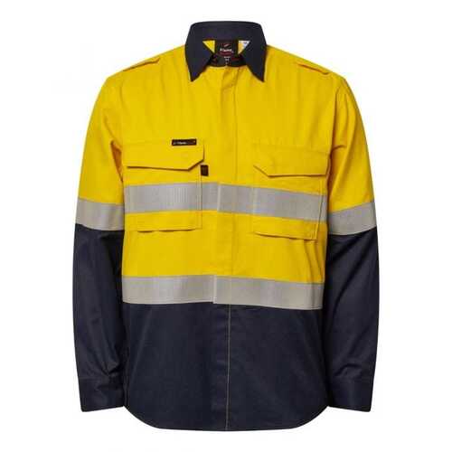 WorkCraft Flame Buster Hi Vis FR Open Front Long Sleeve Taped Shirt with Concealed Heat Resistant Press Studs
