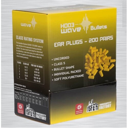 Wave Bullet Earplugs Yellow Uncorded Class 5 Box of 200 Pairs