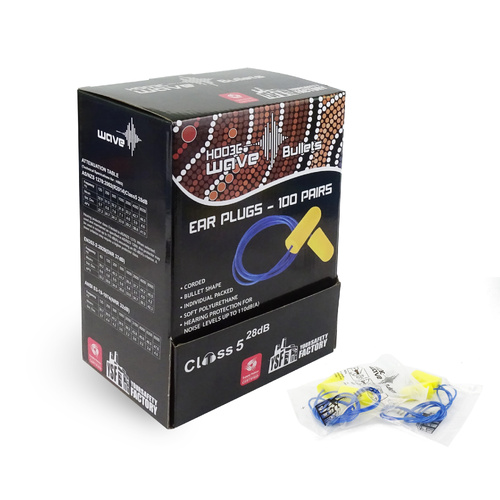Wave Bullet Earplugs Yellow Corded Class 5 Box of 100 Pairs