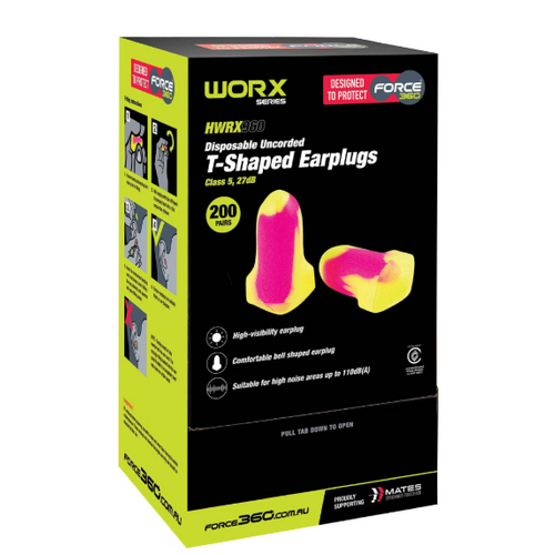 Force360 T-Shaped Uncorded Disposable Earplug Box of 200 Class 5 27dB