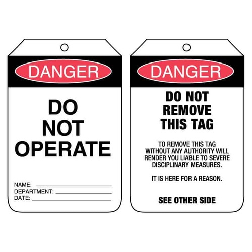Heavy Duty PVC Tags 80 x 140mm Danger Do Not Operate (Pkt 25)