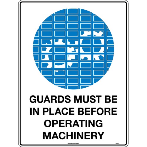 Sign Guards Must Be In Place Before Operating Machinery 600 x 450mm Metal, Class 1 Reflective