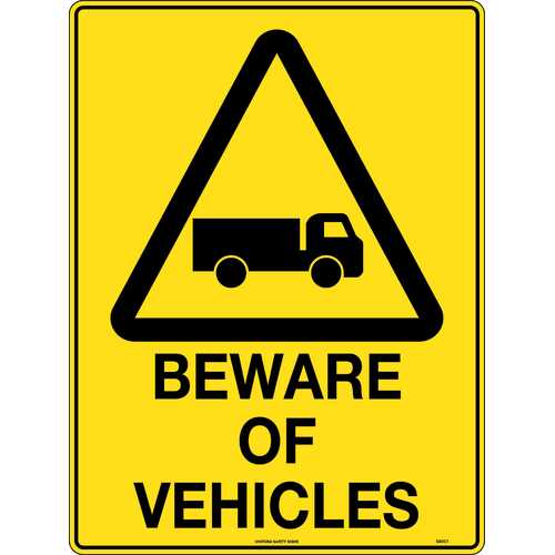 Sign Beware Of Vehicles 600 x 450mm Metal, Class 1 Reflective